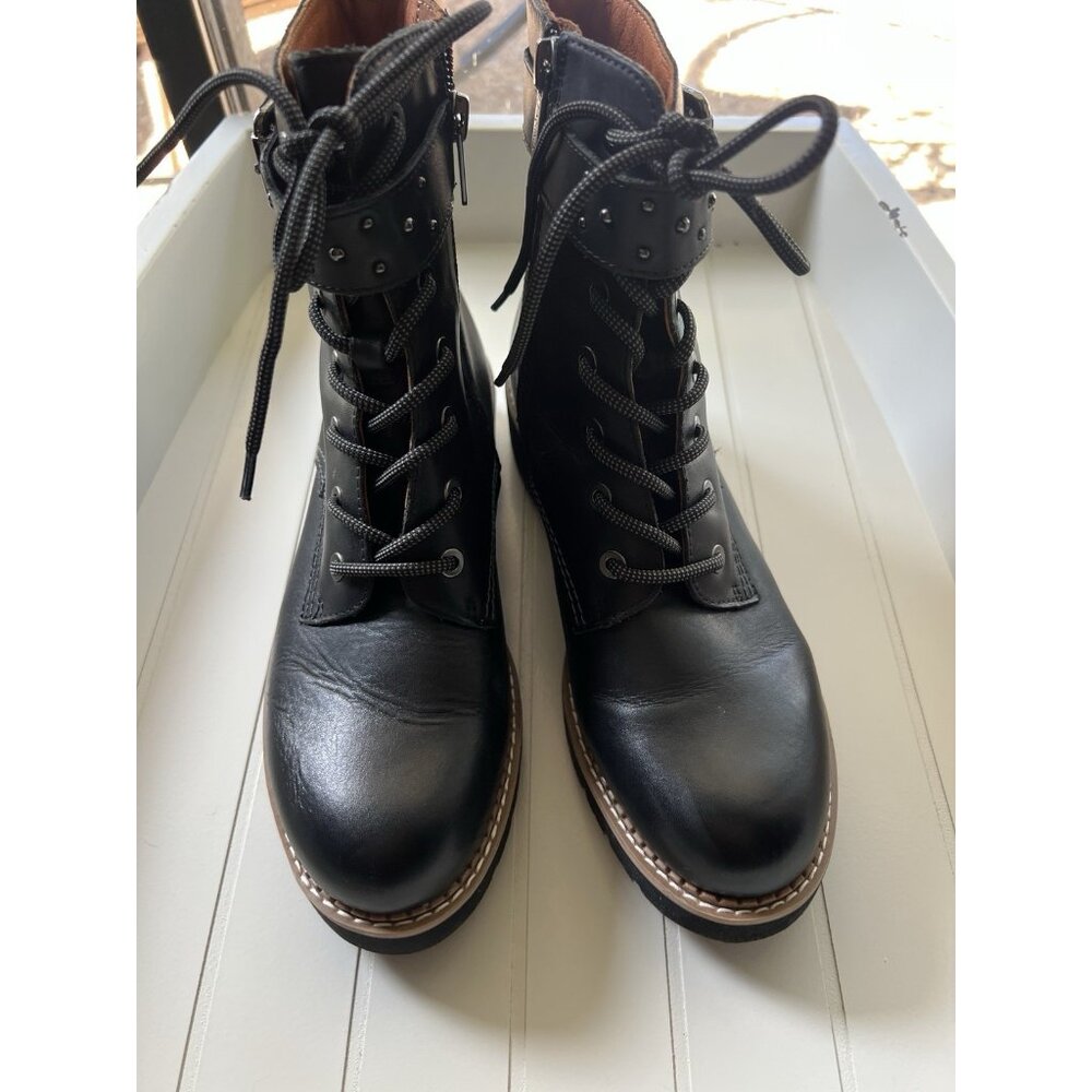 Pikolinos Black Leather Combat Boots Womens US 6 EU 37 Lace Up Side Zip - Picture 5 of 14
